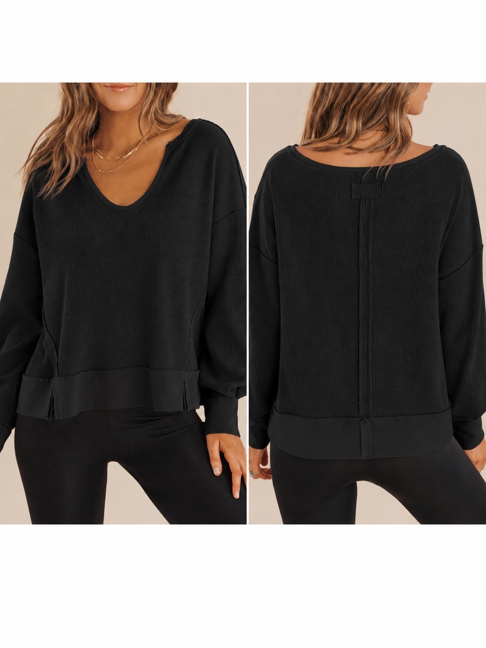Waffle Knit Split Hem Pullover Black